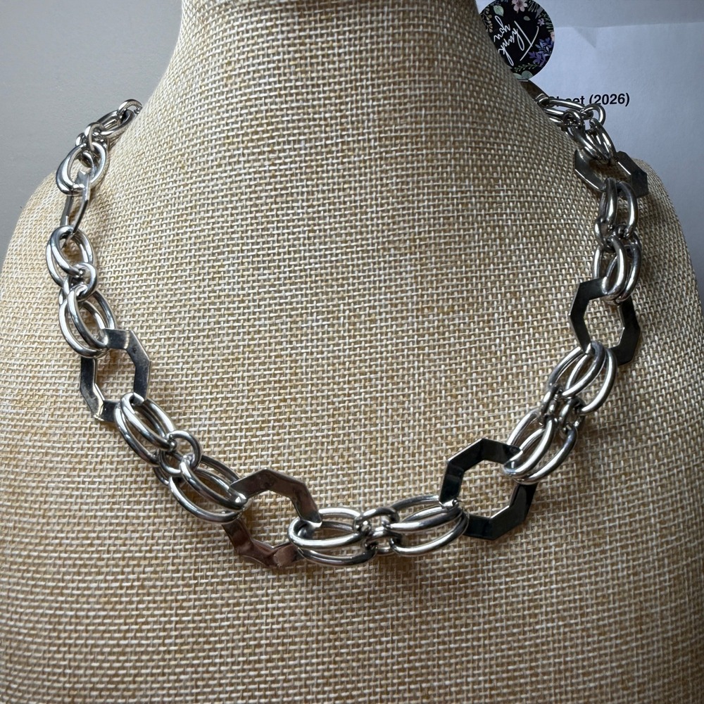 Chunky Silver Geometric Hexagon Chain Link Statement Necklace Chico's
